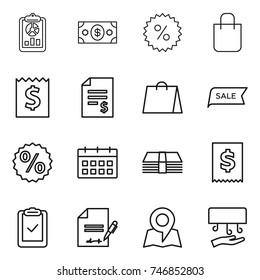 thin line icon set : report, money, percent, shopping bag, receipt, account balance, sale, calendar, tax, clipboard check, inventory, map, hand dryer