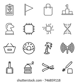 thin line icon set : report, flag, shopping bag, pedestal, chess horse, chip, dna, remove from basket, donut, palm, wireless, scoop, hand mill, pruner, toilet brush
