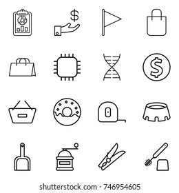 thin line icon set : report, investment, flag, shopping bag, chip, dna, dollar coin, remove from basket, donut, measuring tape, stadium, scoop, hand mill, clothespin, toilet brush