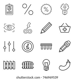 thin line icon set : report, percent, bulb brain, eye identity, infinity power, pencil, add to basket, equalizer, info, bridge, fence, eggplant