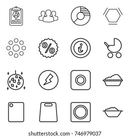 thin line icon set : report, group, circle diagram, hex molecule, round around, percent, info, baby stroller, disco ball, electricity, ring button, washing, cutting board, foam basin
