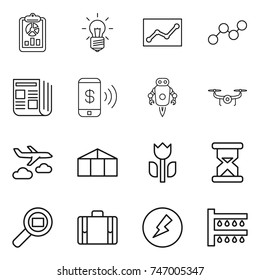 thin line icon set : report, bulb, statistics, graph, newspaper, phone pay, jet robot, drone, journey, greenhouse, perishable, sand clock, cargo search, suitcase, electricity, watering