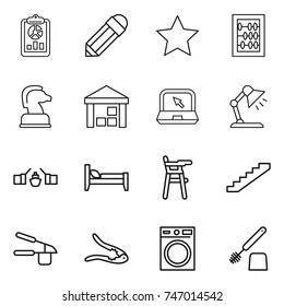 thin line icon set : report, pencil, star, abacus, chess horse, warehouse, notebook, table lamp, drawbridge, bed, Chair for babies, stairs, garlic clasp, walnut crack, washing machine, toilet brush