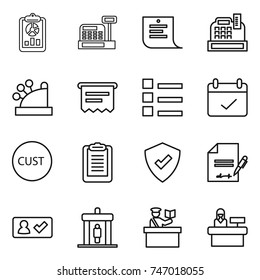 thin line icon set : report, cashbox, shopping list, atm receipt, terms, customs, clipboard, protected, inventory, check in, detector, inspector, reception