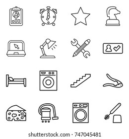 thin line icon set : report, alarm clock, star, chess horse, notebook, table lamp, pencil wrench, check in, bed, washing machine, stairs, walnut crack, cheese, vacuum cleaner, toilet brush