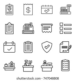 thin line icon set : report, receipt, calendar, cashbox, clipboard, atm, list, terms, protected, inventory, baggage checking, inspector, reception