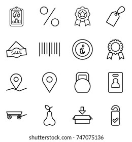 thin line icon set : report, percent, medal, label, sale, bar code, info, geo pin, heavy, identity card, trailer, pear, package, please clean