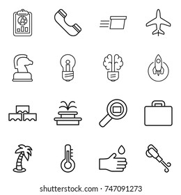 thin line icon set : report, phone, delivery, plane, chess horse, bulb, brain, rocket, block wall, fountain, cargo search, suitcase, palm, thermometer, hand drop, blower