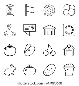 thin line icon set : report, flag, around gear, atom core, car pointer, location details, warehouse, ring button, tomato, beans, cherry, barn, rabbit, potato, foam bucket