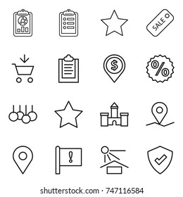thin line icon set : report, clipboard, star, sale, add to cart, dollar pin, percent, castle, geo, important flag, sun potection, protected