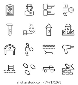 thin line icon set : report, call center, diagram, satellite, vial, chemical industry, tower, mansion, barn, lounger, hair dryer, pool, seeds, pickup, construct garbage
