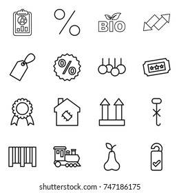 thin line icon set : report, percent, bio, up down arrow, label, sale, ticket, medal, smart house, cargo top sign, do not hook, bar code, train, pear, please clean