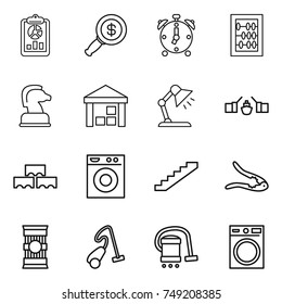 thin line icon set : report, dollar magnifier, alarm clock, abacus, chess horse, warehouse, table lamp, drawbridge, block wall, washing machine, stairs, walnut crack, pasta, vacuum cleaner