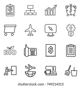 thin line icon set : report, hierarchy, diagram, alarm clock, delivery, plane, monitor arrow, bulb brain, bio, phone, tax, clipboard, courier, shipping, coffee maker, bucket and broom