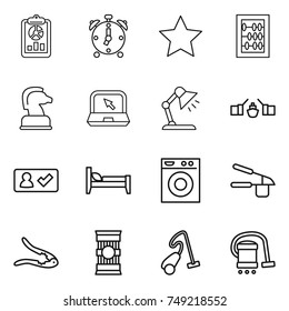 thin line icon set : report, alarm clock, star, abacus, chess horse, notebook, table lamp, drawbridge, check in, bed, washing machine, garlic clasp, walnut crack, pasta, vacuum cleaner