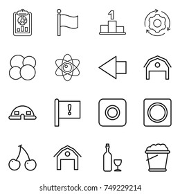 thin line icon set : report, flag, pedestal, around gear, atom core, left arrow, barn, dome house, important, ring button, cherry, wine, foam bucket