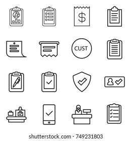 thin line icon set : report, clipboard, receipt, shopping list, atm, customs, pen, check, protected, in, baggage checking, mobile, reception