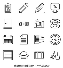 thin line icon set : report, pencil, marker, monitor arrow, door, school, city, phone, calendar, document, hotel, watch, rack, armchair, window, bucket and broom