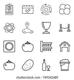 thin line icon set : report, calendar, around gear, atom core, car pointer, wineglass, vip fence, ring button, tomato, watering, barn, potato, wine, foam bucket