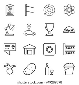 thin line icon set : report, flag, around gear, atom, table lamp, car pointer, wineglass, dome house, location details, warehouse, ring button, watering, beet, potato, wine, foam bucket