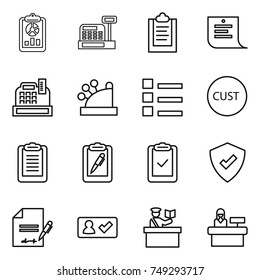 thin line icon set : report, cashbox, clipboard, shopping list, customs, pen, check, protected, inventory, in, inspector, reception