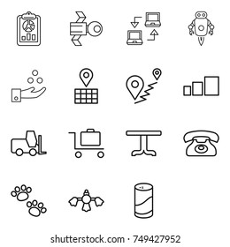 thin line icon set : report, satellite, notebook connect, jet robot, chemical industry, map, route, sorting, fork loader, baggage trolley, table, phone, pets, hard reach place cleaning