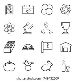 thin line icon set : report, calendar, atom core, table lamp, car pointer, wineglass, brick, dome house, important flag, warehouse, tomato, beet, rabbit, wine