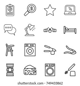 thin line icon set : report, dollar magnifier, star, notebook, discussion, table lamp, drawbridge, bed, Chair for babies, washing machine, garlic clasp, walnut crack, pasta, cheese, toilet brush