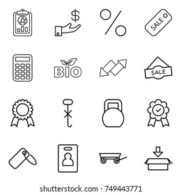 thin line icon set : report, investment, percent, sale, calculator, bio, up down arrow, medal, do not hook sign, heavy, label, identity card, trailer, package