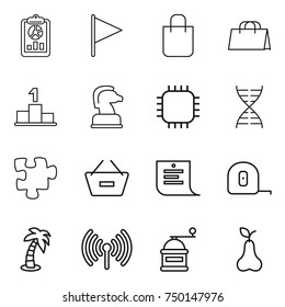 thin line icon set : report, flag, shopping bag, pedestal, chess horse, chip, dna, puzzle, remove from basket, list, measuring tape, palm, wireless, hand mill, pear