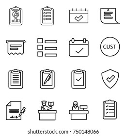 thin line icon set : report, clipboard, calendar, shopping list, atm receipt, terms, customs, pen, check, protected, inventory, inspector, reception