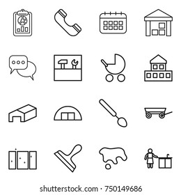 thin line icon set : report, phone, calendar, warehouse, discussion, tools, baby stroller, cottage, hangare, big spoon, trailer, clean window, scraper, spot, kitchen cleaning
