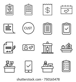 thin line icon set : report, clipboard, receipt, calendar, shopping list, customs, check, inventory, in, detector, baggage checking, inspector, mobile, reception