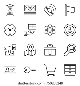 thin line icon set : report, money, call, flag, clock, gift, atom, info, architector, map, hi quality package, cargo search, check in, key, cart, chest of drawers