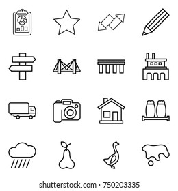 thin line icon set : report, star, up down arrow, pencil, singlepost, bridge, factory, shipping, camera, home, salt pepper, rain cloud, pear, goose, spot