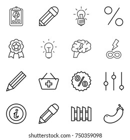 thin line icon set : report, pencil, bulb, percent, medal, brain, infinity power, add to basket, equalizer, info, fence, eggplant