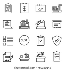 thin line icon set : report, receipt, calendar, cashbox, shopping list, atm, customs, clipboard check, protected, inventory, baggage checking, inspector