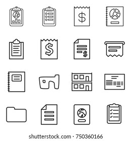 thin line icon set : report, clipboard, receipt, annual, account balance, atm, copybook, slum, modular house, invoice, documents, document, passport, list