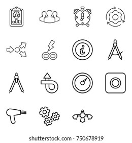 thin line icon set : report, group, alarm clock, around gear, core splitting, infinity power, info, draw compass, drawing compasses, trip, barometer, ring button, hair dryer, gears