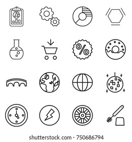 thin line icon set : report, gear, circle diagram, hex molecule, round flask, add to cart, percent, donut, bridge, globe, disco ball, watch, electricity, wheel, toilet brush