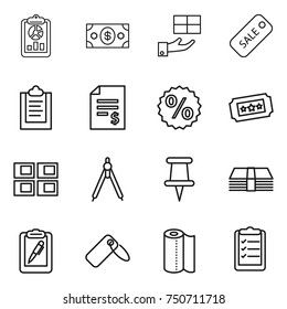 thin line icon set : report, money, gift, sale, clipboard, account balance, percent, ticket, panel house, drawing compasses, pin, pen, label, paper towel, list