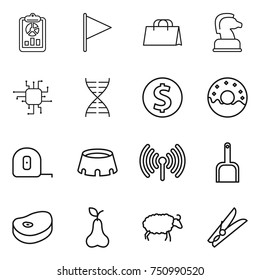 thin line icon set : report, flag, shopping bag, chess horse, chip, dna, dollar coin, donut, measuring tape, stadium, wireless, scoop, steake, pear, sheep, clothespin