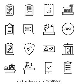 thin line icon set : report, clipboard, receipt, cashbox, shopping list, customs, pen, protected, check in, detector, baggage checking, inspector, mobile