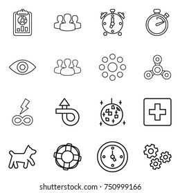 thin line icon set : report, group, alarm clock, stopwatch, eye, round around, spinner, infinity power, trip, disco ball, first aid, dog, lifebuoy, watch, gears