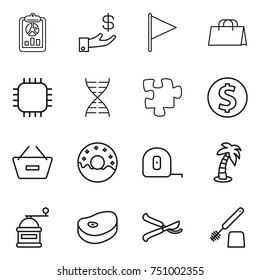 thin line icon set : report, investment, flag, shopping bag, chip, dna, puzzle, dollar coin, remove from basket, donut, measuring tape, palm, hand mill, steake, pruner, toilet brush