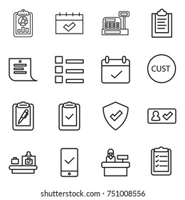 thin line icon set : report, calendar, cashbox, clipboard, shopping list, terms, customs, pen, check, protected, in, baggage checking, mobile, reception