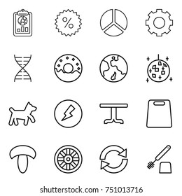 thin line icon set : report, percent, diagram, gear, dna, donut, earth, disco ball, dog, electricity, table, cutting board, mushroom, wheel, reload, toilet brush