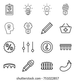 thin line icon set : report, bulb, head, brain, pencil, add to basket, percent, equalizer, info, bridge, fence, eggplant