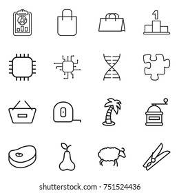 thin line icon set : report, shopping bag, pedestal, chip, dna, puzzle, remove from basket, measuring tape, palm, hand mill, steake, pear, sheep, clothespin