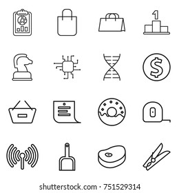 thin line icon set : report, shopping bag, pedestal, chess horse, chip, dna, dollar coin, remove from basket, list, donut, measuring tape, wireless, scoop, steake, clothespin